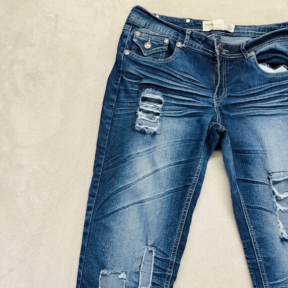 RawBlue Jeans Womens 9/10 Dark Wash Blue Denim Mid Rise Skinny 32" Destroyed Y2K - Picture 2 of 12